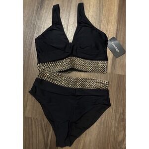 NWT Women's Vemubapis Bikini Two Piece Swimsuit Black w/ Gold Sequin Trim Size M